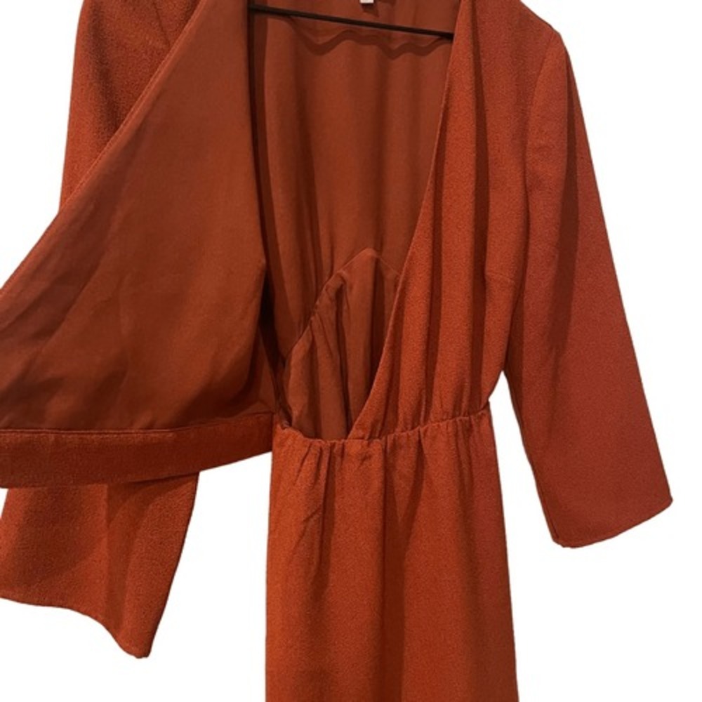 WAYF Burnt Orange Mini‎ Wrap Dress Size Small Boho Chic, V-Neck, Long 3/4 Sleeve - Picture 5 of 10